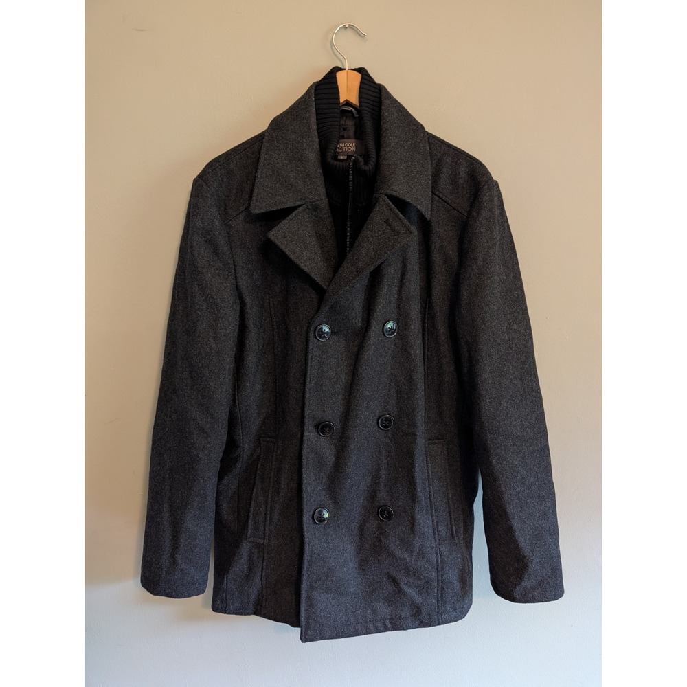 Kenneth Cole Reaction Mens Wool Blend Peacoat Gray Double Breasted Jacket Large
